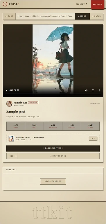 Screenshot of the tool viewing a public TikTok account in a browser — no login